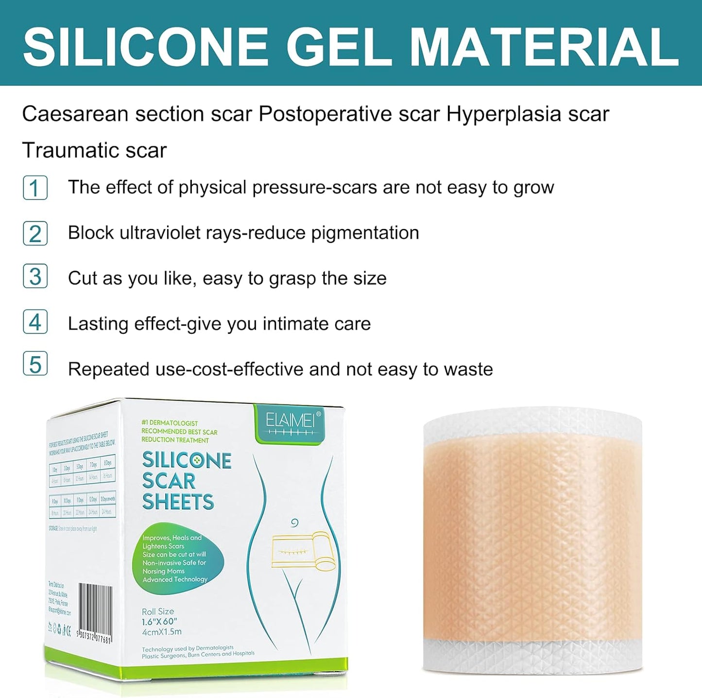 ZODENIS Medical Grade Silicone Scar Sheets, Silicone Scar Tape (1.6”x 60”)
