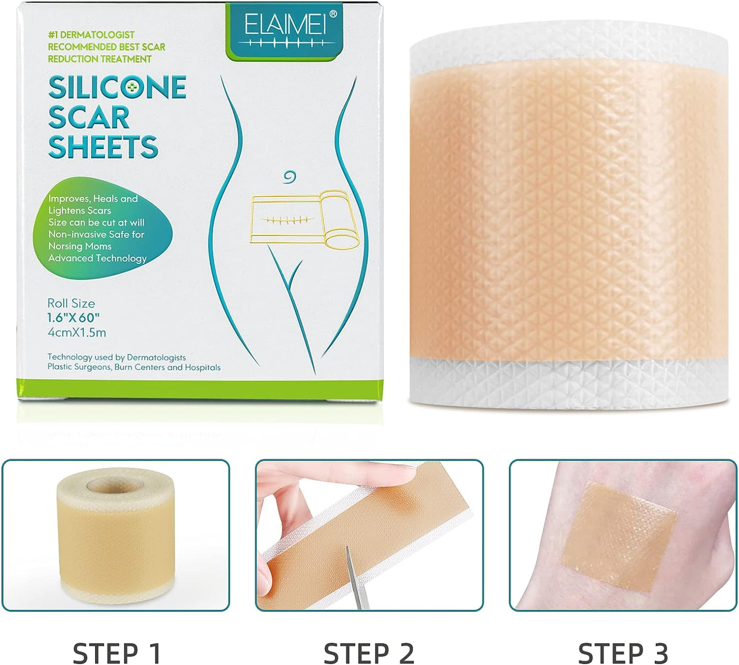 ZODENIS Medical Grade Silicone Scar Sheets, Silicone Scar Tape (1.6”x 60”)