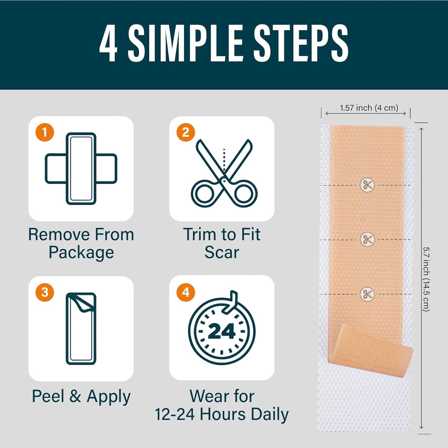 Silicone Scar Sheets - Dermatologically Tested in USA - As Surgical Cream, - 4 pack 5.7"x1.57"