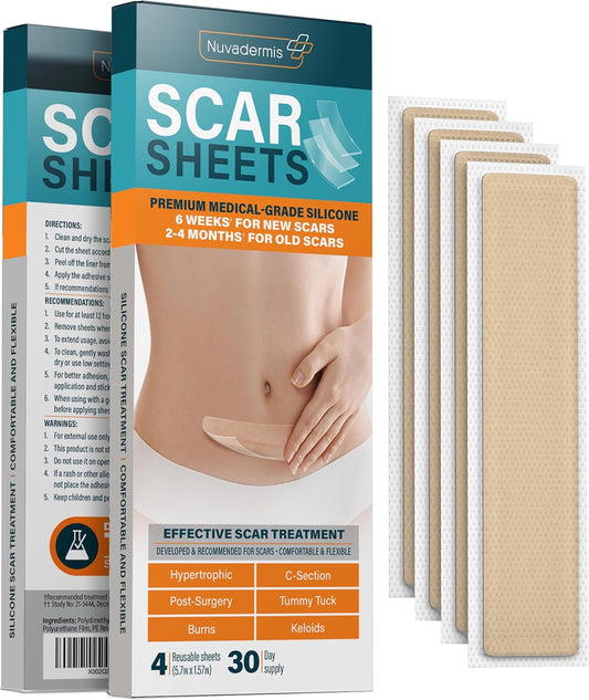 Silicone Scar Sheets - Dermatologically Tested in USA - As Surgical Cream, - 4 pack 5.7"x1.57"